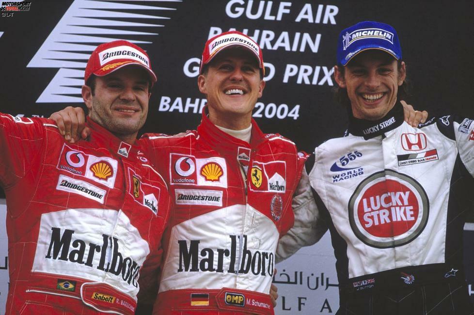 2004 sind es ebenfalls neun Fahrer, die es auf das Treppchen schaffen - das allerdings bei 18 Rennen: Weltmeister Michael Schumacher (15), Rubens Barrichello (14) und Jenson Button (10) sowie Kimi Räikkönen, Fernando Alonso, Juan Pablo Montoya, Jarno Trulli, Takuma Sato und Ralf Schumacher.