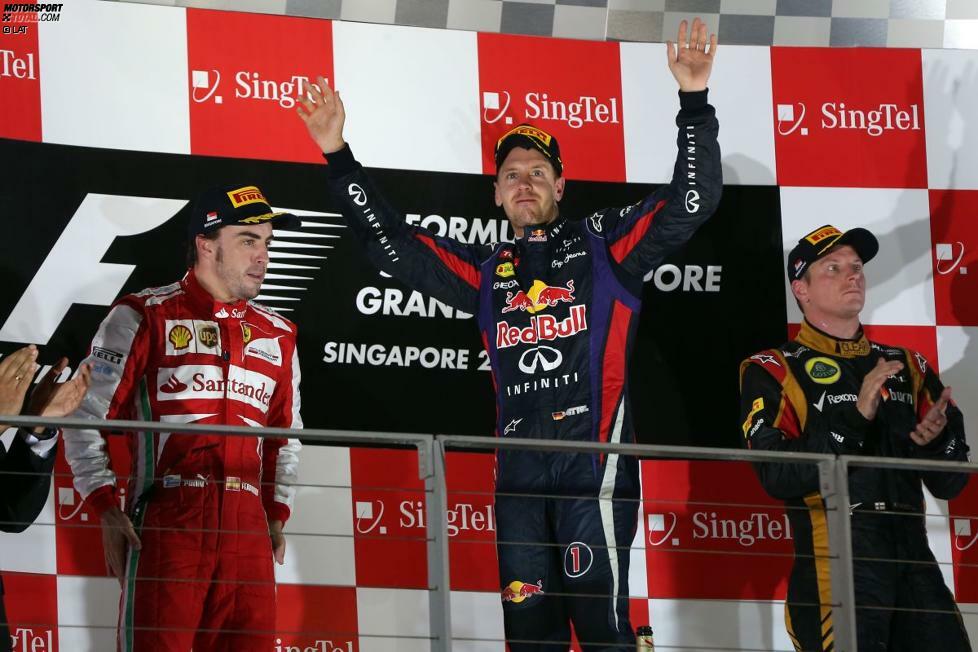 2013 wie 2010 mit acht Piloten bei 19 auf dem Podest: Weltmeister Sebastian Vettel (16), Fernando Alonso (9) und Kimi Räikkönen (8) sowie Mark Webber, Romain Grosjean, Lewis Hamilton, Nico Rosberg und Felipe Massa.