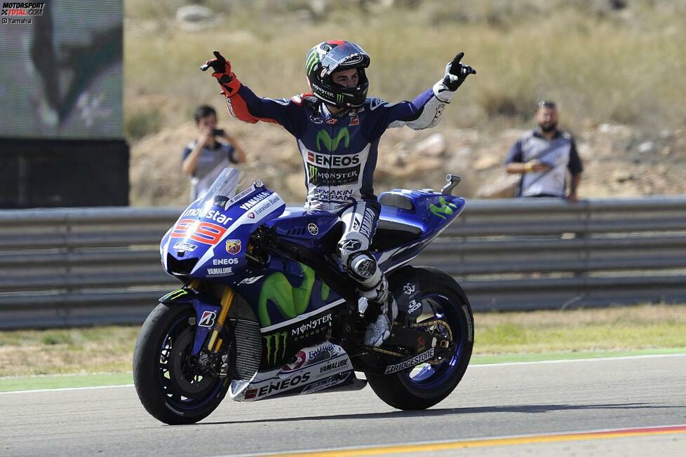 Jorge Lorenzo! Start-Ziel-Sieg, sechster Saisontriumph, 60. Sieg klassenübergreifend. Der Yamaha-Pilot wahrt seine WM-Chance.