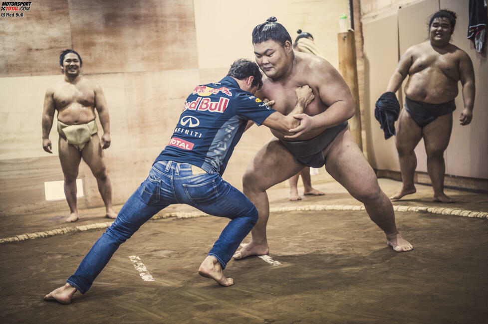 Ja, er stellt sich gar nicht so dumm an, beim Sumo-Ringen, der gerade mal 66 Kilo schwere Sonnyboy Daniel Ricciardo. Zumindest besser als Teamkollege Daniil Kwjat. Aber dass er letztendlich keine Chance hat, versteht sich von selbst: 