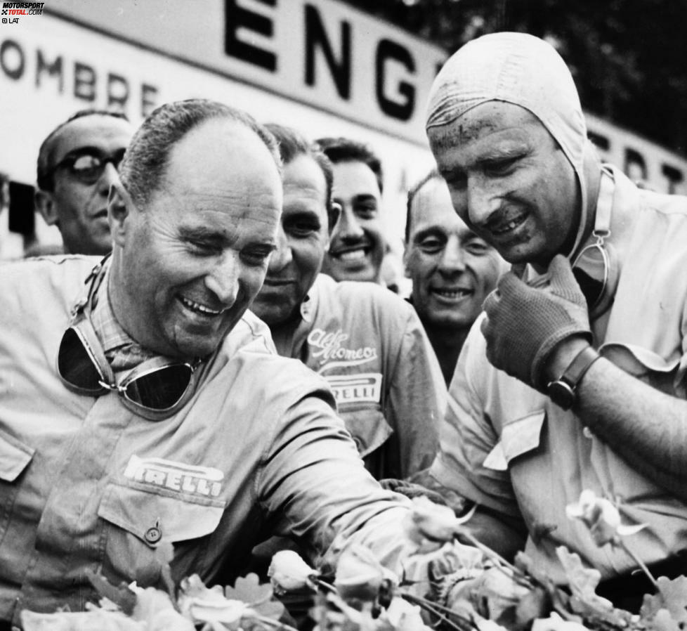 #10: In Belgien 1950 starten erstmals weniger als 15 Fahrer bei einem Grand Prix: Nur die Teams Alfa Romeo, Ferrari, Lago-Talbot, Alfa und Maserati treten mit insgesamt 14 Piloten an. Auf dem Podest freut sich Sieger Juan Manuel Fangio (Alfa) vor seinem Teamkollegen Luigi Fagioli.