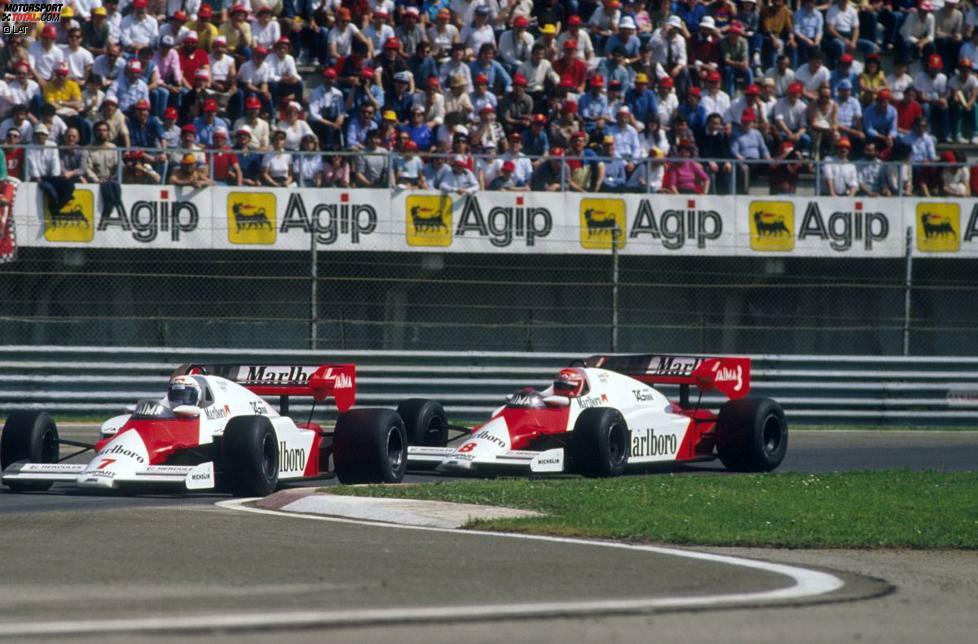 1984: Die beiden McLaren-Piloten Alain Prost und Niki Lauda machen den Kampf um den WM-Titel unter sich aus. Nach acht von 16 Rennen liegt der Österreicher 11,5 Punkte hinter dem Franzosen, was einem Rückstand von 32 Prozent entspricht. Beim Saisonfinale, dem Grand Prix von Portugal in Estoril, reicht Lauda Platz zwei hinter Prost, um sich mit einem halben Punkt Vorsprung den WM-Titel zu sichern. Prosts Pech ist rückblickend die eigene Anweisung an Jacky Ickx, den verregneten Grand Prix von Monaco vor Halbzeit der Distanz abzubrechen. So kassierte der Franzose für seinen Sieg im Fürstentum nur 4,5 statt der neun Punkte. Bei vollen Punkten hätte ihm sogar ein zweiter Platz gereicht, um am Saisonende Champion zu sein.