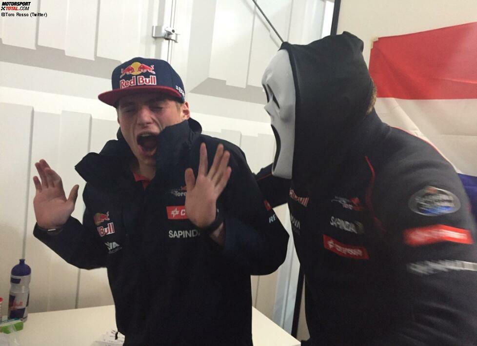 Indes treibt bei Toro Rosso ein Helloween-Monster sein Unwesen, das nicht nur das Buffet plündert, sondern auch Max Verstappen in Angst und Schrecken versetzt. Mit zarten 18 darf man noch Angst haben. 