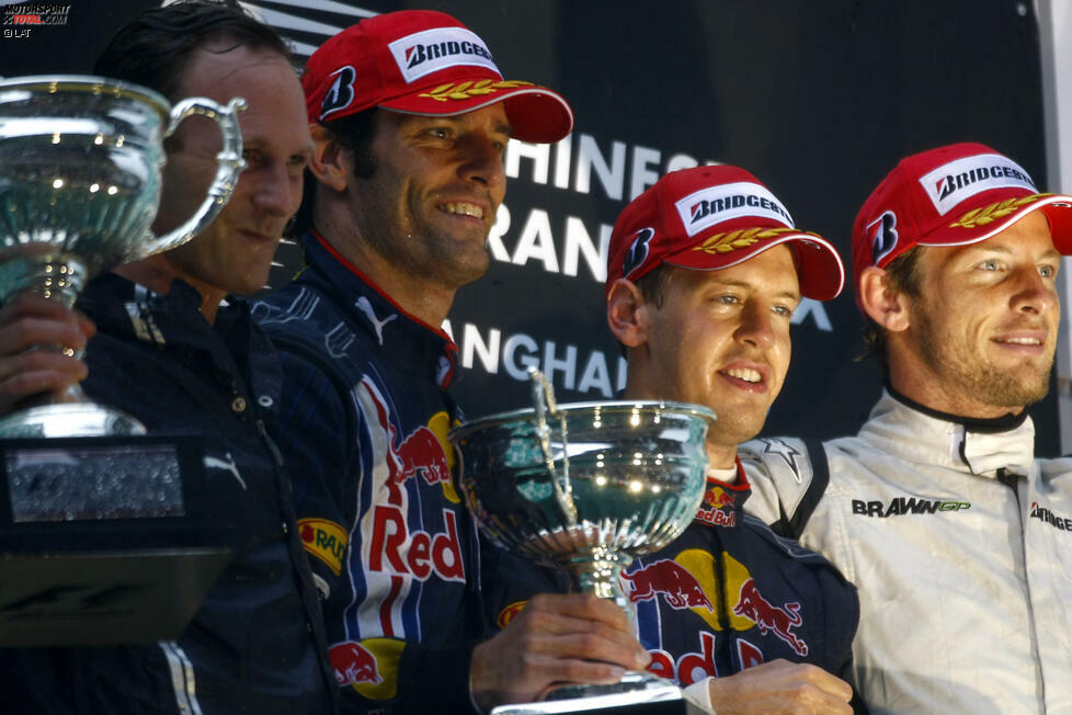 2009 feierte außerdem Red Bull seinen ersten Sieg in China. Sebastian Vettel und Mark Webber holten einen Doppelsieg und unterbrachen damit einen Lauf von Jenson Button, der für Brawn sechs der ersten sieben Rennen gewinnen konnte. Red Bull sammelte bis heute 49 weitere Grand-Prix-Siege.