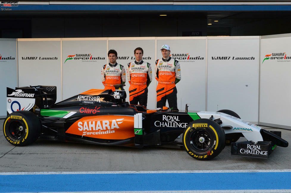 2014: Neue Farben für Force India, erstmals gezeigt kurz vor dem Beginn der Wintertests in Jerez. Auf dem Foto zu sehen ist der VJM07 sowie die Stammfahrer Nico Hülkenberg und Sergio Perez. Erneut gibt es ein neues Gesicht im Team: Daniel Juncadella ist dritter Fahrer beim indischen Rennstall mit Sitz in Silverstone.