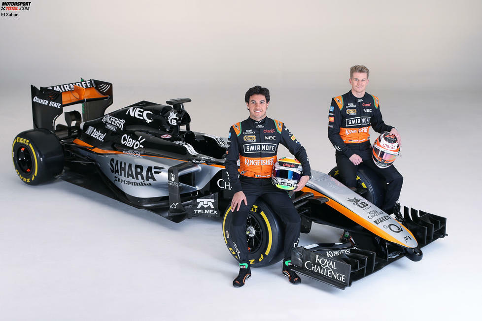 2015: Force India wartet erneut mit neuen Farben auf. Der VJM08 für Sergio Perez und Nico Hülkenberg ist in Schwarz, Silbergrau und Orange gehalten. Vorgestellt wird das Auto übrigens in Perez' mexikanischer Heimat, in der dortigen Hauptstadt Mexiko-Stadt.