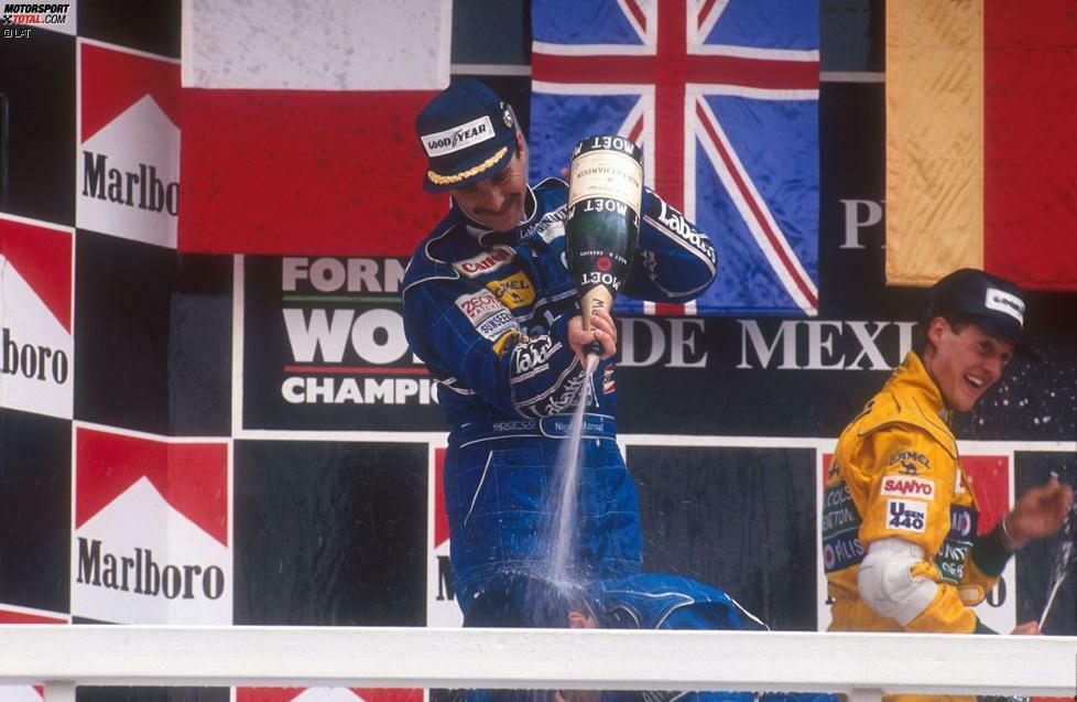 ... auf Platz drei der junge Michael Schumacher im Benetton ins Ziel kommt. Es ist Schumachers erster von insgesamt 155 Podestplätzen in der Formel 1. Mit dem Podium Mansell, Patrese, Schumacher verabschiedet sich der Grand Prix von Mexiko zum zweiten Mal in seiner Geschichte für längere Zeit aus dem Formel-1-Rennkalender.