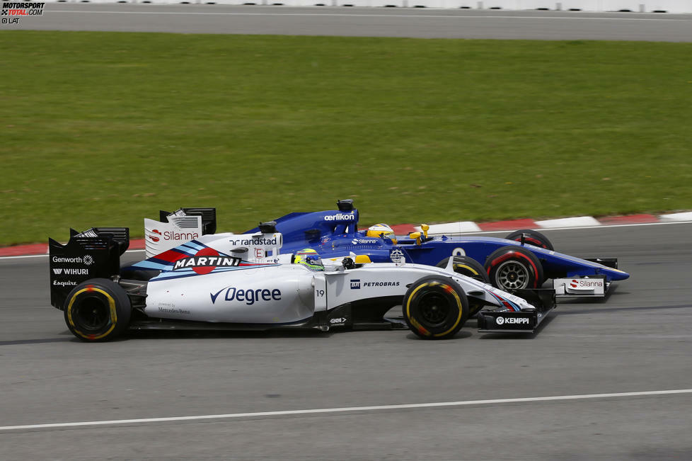 Neben Vettel startet auch Felipe Massa (Williams), im Qualifying wegen eines Turboschadens weit abgeschlagen, seine Aufholjagd. Besonders spektakulär das Duell gegen Marcus Ericsson um Platz elf in der neunten Runde, bei dem der Sauber-Youngster beherzt dagegen hält.