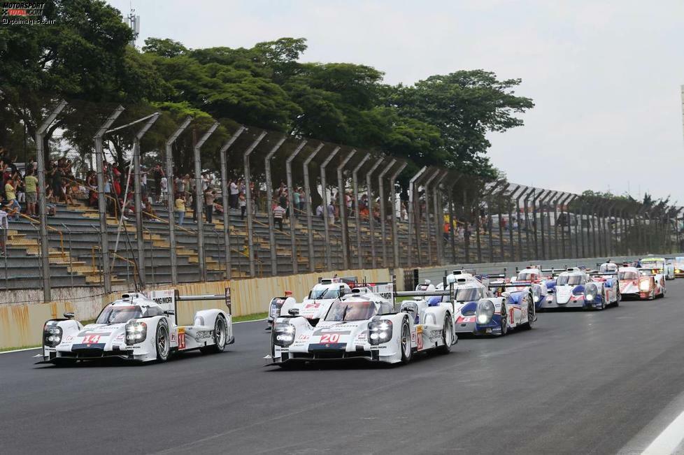 November 2014: Zum ersten Mal starten beide 919 aus der ersten Reihe - Bernhard/Webber holen in Sao Paulo die vierte Pole-Position für den 919 Hybrid. Dumas/Jani/Lieb erringen in Brasilien den ersten Sieg für den 919. Damit wächst die Bilanz der Podestplätze auf sechs in der Debütsaison. Es ist ein Erfolg unter dramatischen Umständen, weil Webber eine knappe halbe Stunde vor dem Ziel verunfallt - glücklicherweise ohne sich schwer zu verletzen.