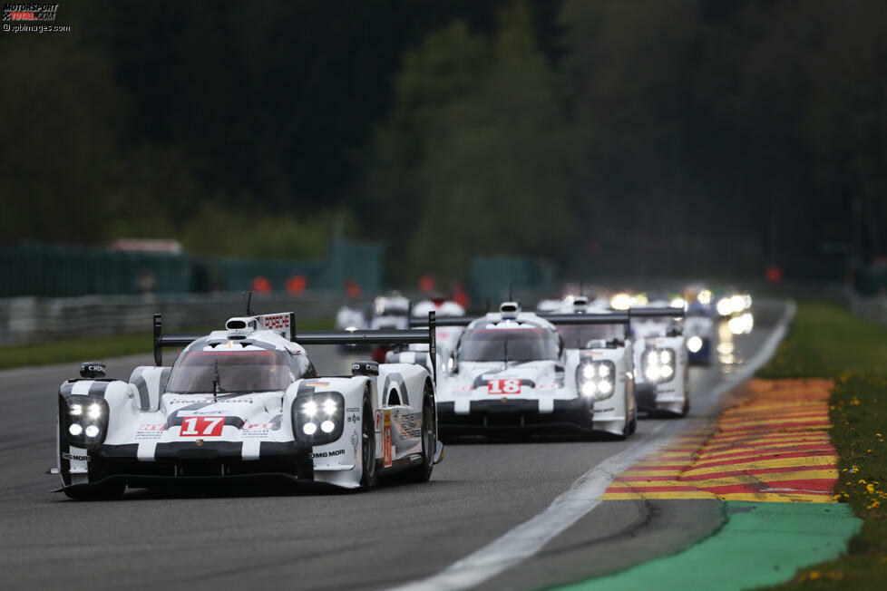 2. Mai 2015: In Spa sind erstmals drei 919 im Einsatz - Generalprobe für Le Mans. Sie belegen die ersten drei Startplätze, die Pole-Position gehört erneut Bernhard/Hartley/Webber. Im Rennen werden sie Dritte hinter Dumas/Jani/Lieb. Die LMP1-Neulinge Bamber/Hülkenberg/Tandy werden Sechste.