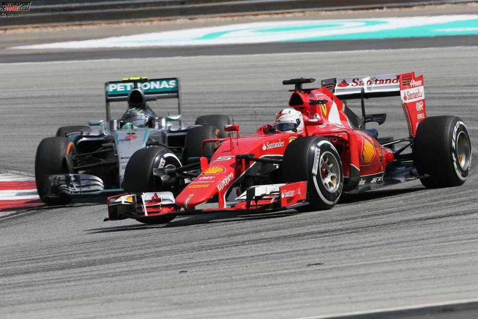 Dass Mercedes überholt wird, ist selten geworden in der Formel 1. Vettel schafft es gleich zweimal: Zuerst vorbei an Rosberg, ...