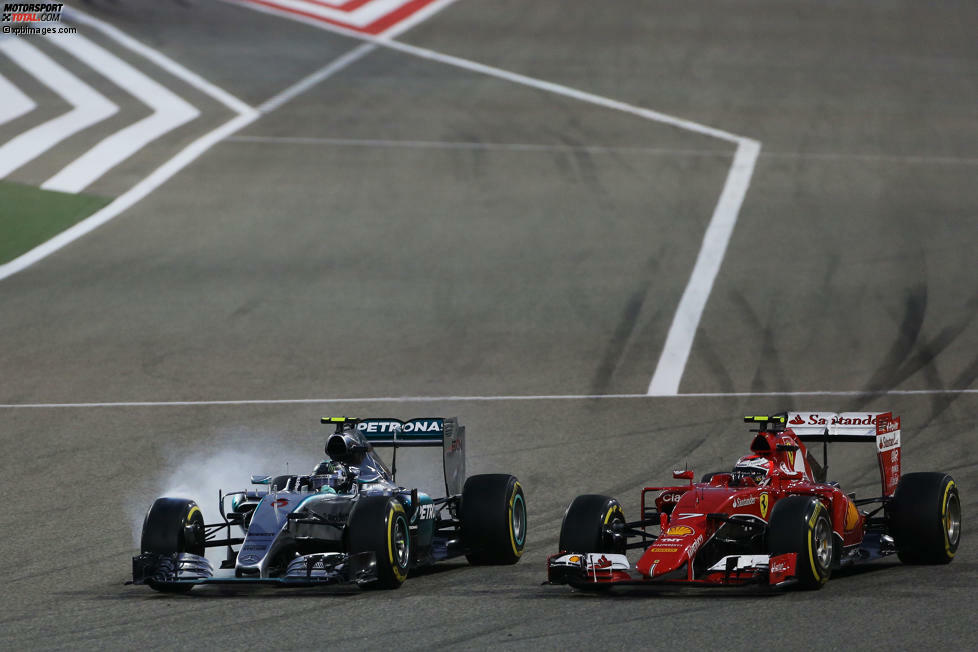 Bahrain: Erneut muss sich Rosberg einem Ferrari geschlagen geben. Diesmal ist es Kimi Räikkönen, der im Kampf um Rang zwei kurz vor Schluss am Deutschen vorbeizieht, als er in der ersten Kurve über das Ziel hinausschießt. Was wie ein Fahrfehler aussieht, entpuppt sich als Bremsdefekt: 