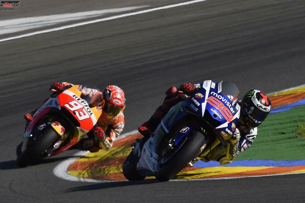 Das Finale in Valencia Anfang November verläuft wie von Rossi prognostiziert: Lorenzo fährt an der Spitze, während Marquez zwar permanent am Hinterrad der Yamaha klebt, in den gesamten 30 Runden aber keinen einzigen Angriff setzt. Am Ende gewinnt Lorenzo vor Marquez und Dani Pedrosa, Rossi wird nach einer Aufholjagd Vierter. Der Titel geht damit an Lorenzo.