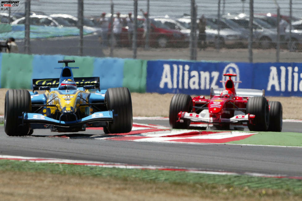 Das denkwürdigste Rennen in Magny-Cours: 2004 gewinnt Michael Schumacher mit der bis dahin einzigen geplanten Vierstoppstrategie der Formel-1-Geschichte vor Fernando Alonso. Sein Ferrari-Teamkollege Rubens Barrichello überholt in der letzten Kurve noch Renault-Pilot Jarno Trulli - der wenig später von Flavio Briatore rausgeschmissen wird.