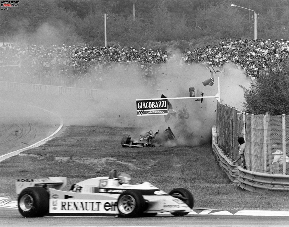 Platz 4: Imola, Italien. 27 Grands Prix zwischen 1980 und 2006. Rekordsieger: Michael Schumacher (7). Foto: Beim Grand Prix von Italien (noch nicht San Marino) 1980 verunfallt Gilles Villeneuve auf Ferrari schwer, bleibt aber unverletzt. Die Kurve wird Jahre später nach ihm benannt.