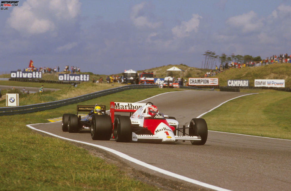 Platz 3: Zandvoort, Niederlande. 30 Grands Prix zwischen 1952 und 1985. Rekordsieger: Jim Clark (4). Foto: Die McLaren-Teamkollegen Niki Lauda und Alain Prost liefern sich 1985 rundenlang einen Kampf um den Sieg, bei dem schließlich Lauda die Oberhand behält. Es ist der letzte Triumph des Österreichers in der Formel 1.