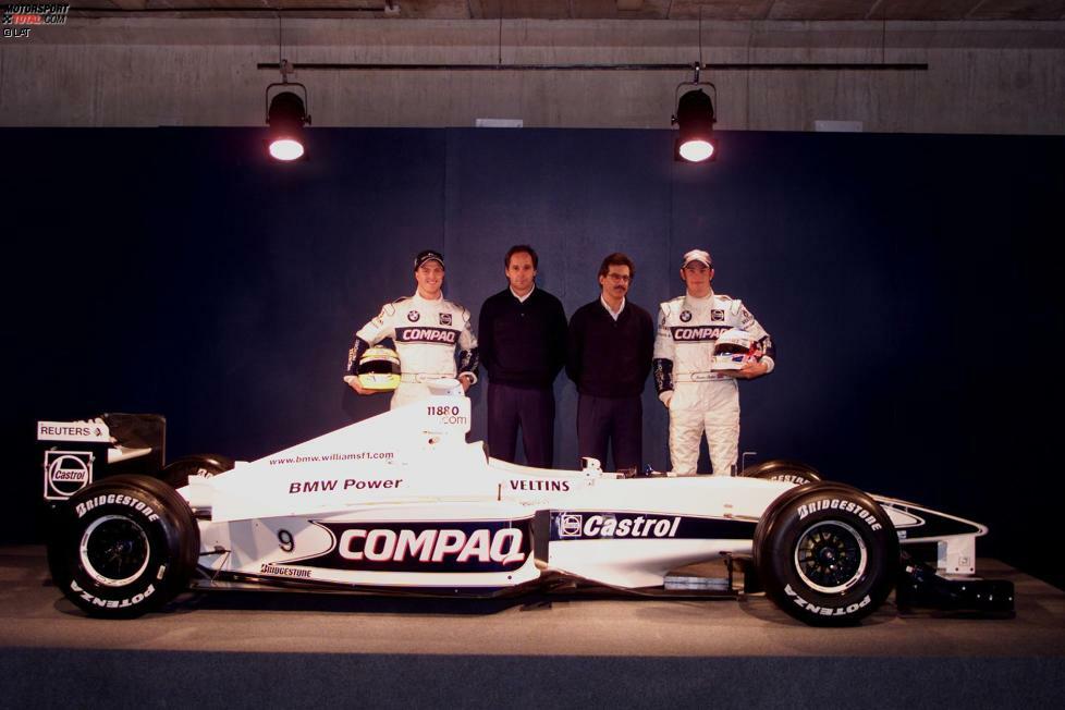 2000: BMW steigt ein bei Williams, damit ändert sich auch die Farbgebung der Boliden, die ab sofort mehrheitlich Weiß und Blau sind. Ralf Schumacher und der junge Jenson Button sitzen in den Cockpits der beiden FW22, die in Barcelona vorgestellt werden.