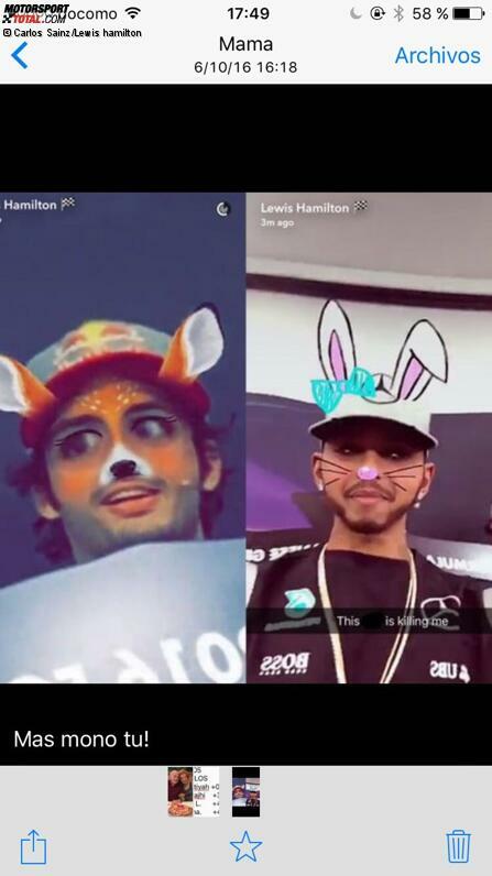 Platz 3: Der Bunnyohren-Skandal
Lewis Hamilton hat es sich in Suzuka mit den Journalisten verscherzt, als er Kollege Carlos Sainz lieber bei Snapchat verniedlichte, als der Pressekonferenz zu folgen. Sainz versucht die Situation zu entschärfen und postet: 