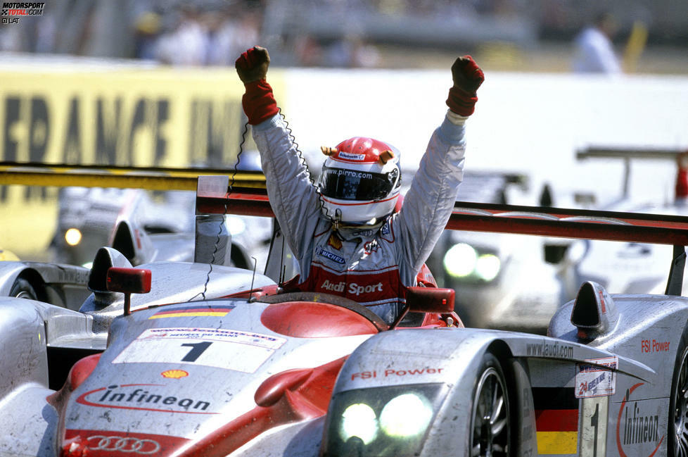 Schon wieder Kristensen, Biela, Pirro und schon wieder ein mehr als souveräner Audi-Auftritt: Emanuele Pirro bejubelt 2002 seinen dritten Le-Mans-Sieg in Serie.