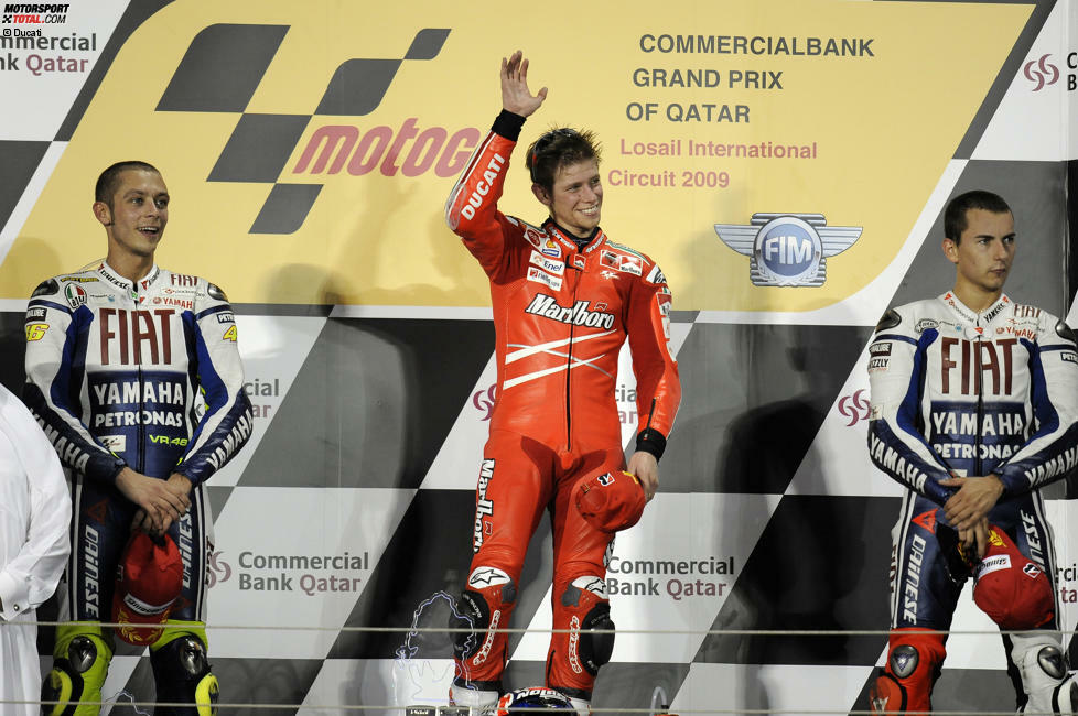2009: Casey Stoner in Katar - Ein Jahr später wiederholen sich die Ereignisse. Stoner macht zwar seinen Hattrick in der Wüste perfekt, verpasst den Titel am Ende aber erneut. Der geht - ebenfalls wie im Vorjahr - an Valentino Rossi. Der 