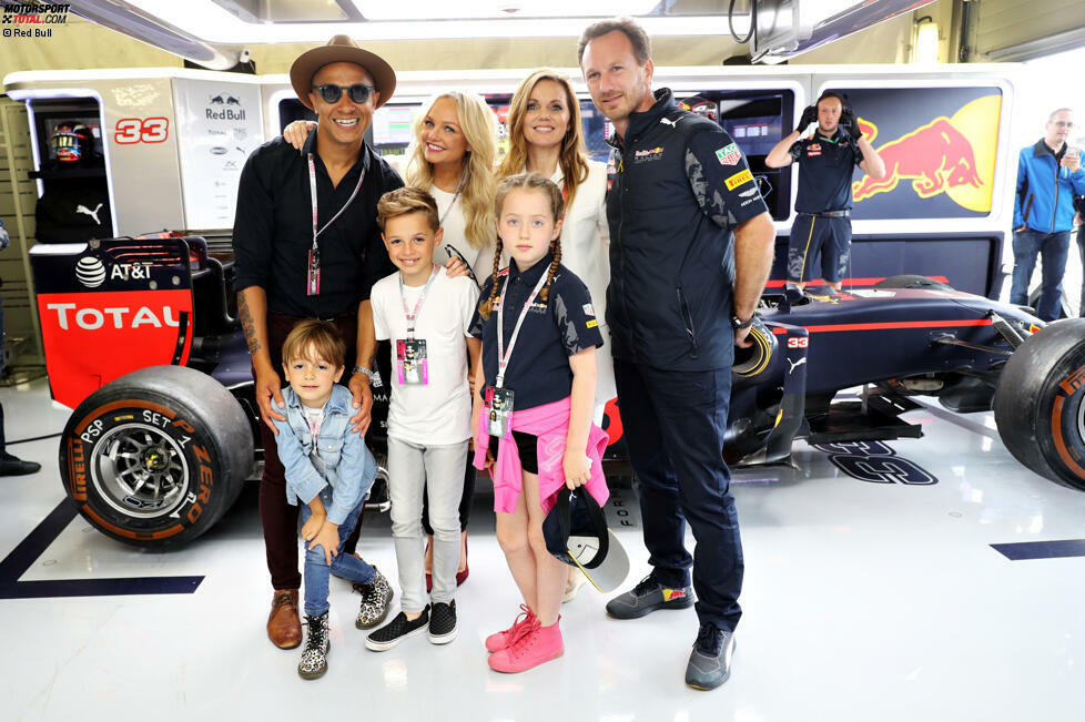 Spice Girls mit Anhang: Emma Bunton (links) kommt mit ihrem Verlobten Jade Jones und den beiden gemeinsamen Kindern. Geri Halliwell (rechts) ist seit vergangenem Jahr mit Christian Horner verheiratet. Das Kind bringt sie aus erster Ehe mit.