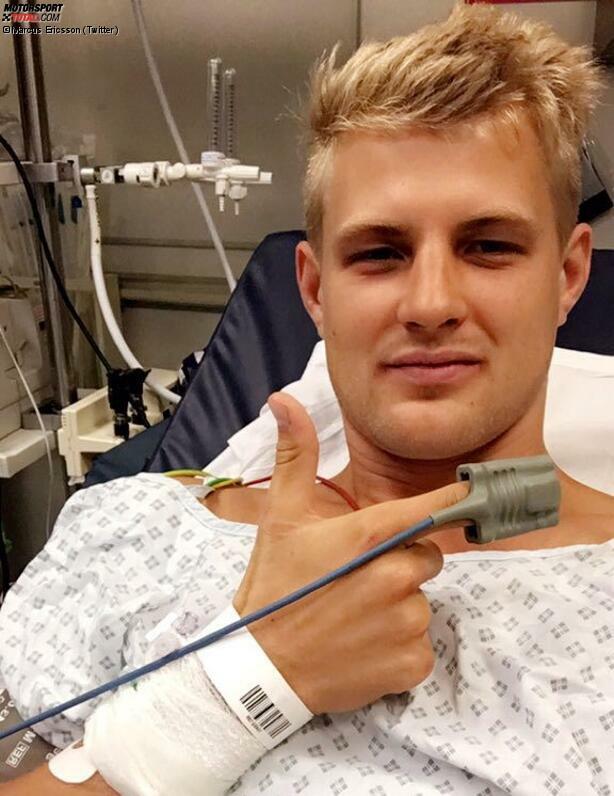 Marcus Ericsson verbringt den Samstagabend nach seinem Crash im Freien Training im Krankenhaus statt bei der Formel-1-Party. Die Checks ergeben aber: Unfall heil überstanden, er darf am Sonntag fahren. Leider nur bis die Elektrik am Sauber streikt.