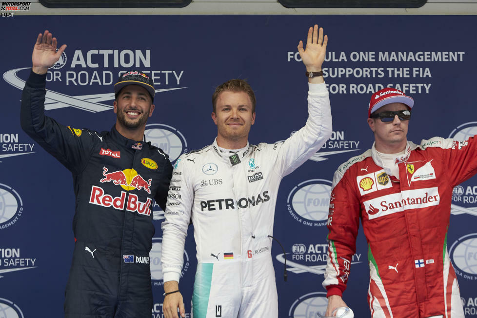 Rosberg hingegen bringt's auf den Punkt und sichert sich die 23. Pole seiner Karriere, die ihm von den beiden Ferrari-Fahrern auf dem Silbertablett serviert wird. Sowohl Kimi Räikkönen (3.) als auch Sebastian Vettel (4.) verbremsen sich in der Haarnadel. Völlig überraschend auf Platz zwei: Daniel Ricciardo.