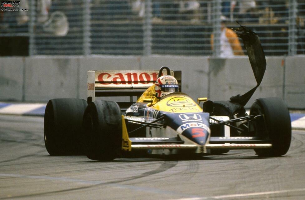 Gerhard Berger siegt in Mexiko, doch Mansell reicht in Adelaide schon ein dritter Platz, um erstmals Weltmeister zu werden. 19 Runden vor Schluss liegt der Williams-Pilot genau auf dieser Position, als sein linker Hinterreifen ohne Vorwarnung explodiert. Prost holt sich den Rennsieg und seinen zweiten Titel.
