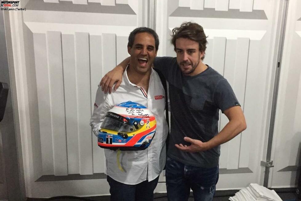 ... ebenso wie jene von Juan Pablo Montoya und Fernando Alonso. Aber weil Senor Montoya gerade keinen dabei hat, muss er seinen Teil der Abmachung nachliefern. Per Post.