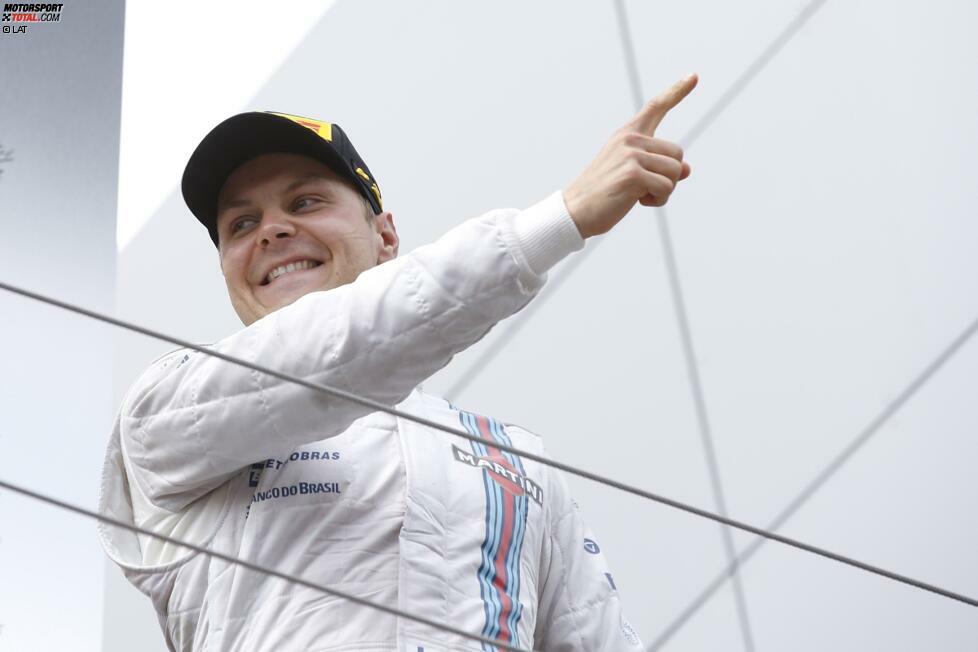 Der Durchbruch eines Finnen: Valtteri Bottas feierte 2014 in Spielberg seinen ersten Podestplatz in der Formel 1. Seither kam der Williams-Pilot noch acht weitere Male auf das Podest - zuletzt vor wenigen Wochen in Kanada. Ein Sieg fehlt Bottas aber immer noch.