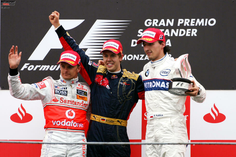 Sebastian Vettel war in Monza 2008 der jüngste Formel-1-Sieger aller Zeiten - ein Rekord, der inzwischen von Max Verstappen unterboten wurde. Mit einem Durchschnittsalter von 23 Jahren und 350 Tagen ist Monza 2008 aber immer noch das jüngste Podium aller Zeiten (Vettel-Kovalainen-Kubica).