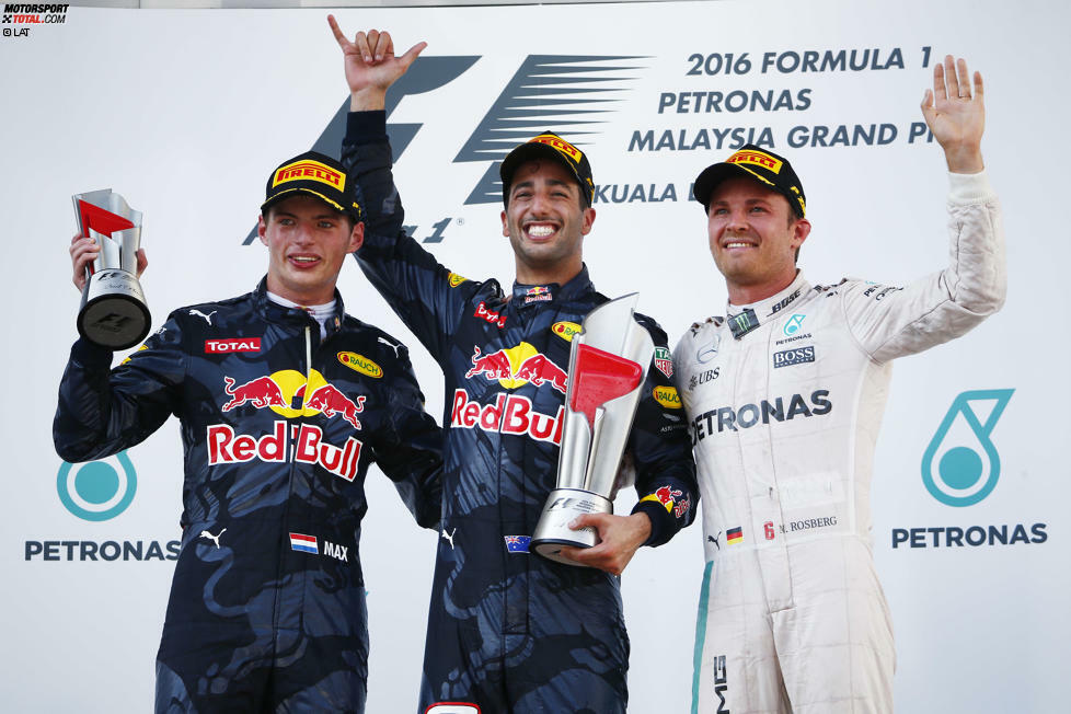 Mercedes verpasst beim Heim-Grand-Prix von Hauptsponsor Petronas den vorzeitigen Gewinn der Konstrukteurs-WM. Red Bull feiert stattdessen einen Doppelsieg: Daniel Ricciardo gewinnt sein viertes Formel-1-Rennen und beendet eine über zweijährige Durststrecke. Jetzt durch die Highlights des dramatischen 16. Saisonlaufs klicken!