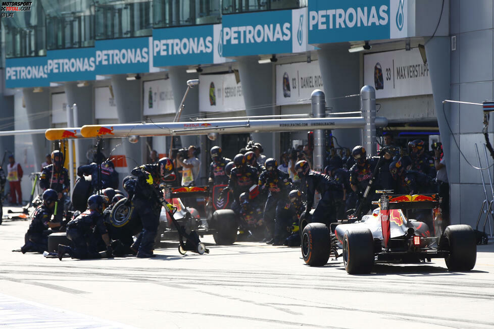 Vorentscheidung im Kampf um den Sieg: Während der virtuellen Safety-Car-Phase holt Red Bull beide Autos gleichzeitig zum Reifenwechsel. Das sichert den Doppelerfolg ab, kostet Verstappen aber vier Sekunden. Ricciardo hat obendrein noch einen frischen Reifensatz, ...