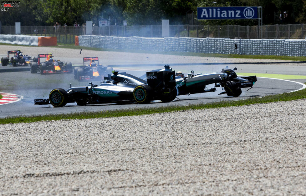 Spanien: Rosbergs Siegesserie reißt! Ausgerechnet sein eigener Teamkollege nimmt ihn in der vierten Kurve mit ins Kiesbett, nachdem sich Rosberg hart verteidigt und Hamilton ins Gras fährt. Für den Crash müssen sich beide deutliche Worte vom Team anhören. Max Verstappen siegt. WM-Stand nach fünf von 21 Rennen: Rosberg 100 - Hamilton 57.