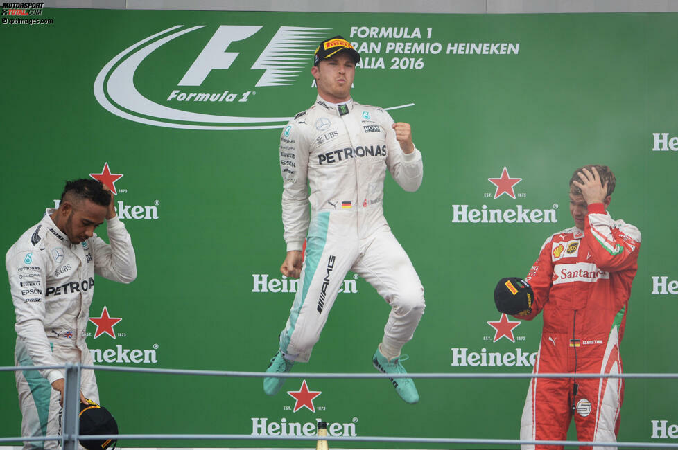 Italien: Hamilton dominiert Trainings und Qualifying in Monza. Doch schon am Start fällt er zurück und lässt die Ferrari an ihm vorbeiziehen. Die Lokalhelden kann er sich wieder schnappen. Rosberg kann mit einem weiteren Sieg aber wieder Boden in der Fahrerwertung gutmachen. WM-Stand nach 14 von 21 Rennen: Rosberg 223 - Hamilton 232.