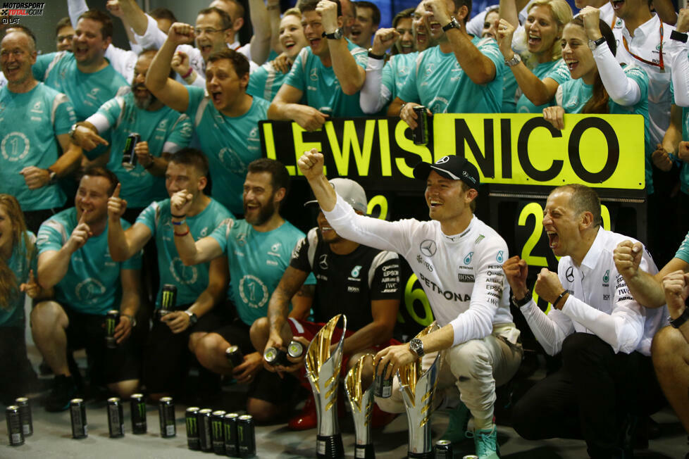 Singapur: Mercedes kann zwar die Probleme aus dem vergangenen Jahr vergessen machen, Hamilton erwischt dennoch kein rundes Wochenende - er wird nur Dritter. Drei Siege in Folge bescheren Rosberg wieder eine knappe Führung in der WM und die zweite Wende im teaminternen Duell. WM-Stand nach 15 von 21 Rennen: Rosberg 273 - Hamilton 265.