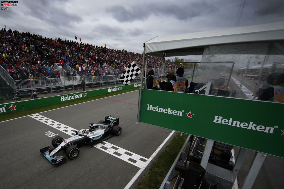 Hamilton fährt den Grand Prix am Ende souverän nach Hause, nachdem er zwischendurch phasenweise unsicher gewirkt hat. Einer nach dem anderen muss Reifen wechseln, aber die Pirelli-Softs des Siegers halten 46 Runden! Es ist sein fünfter Erfolg in Montreal. Mehr hat nur Michael Schumacher (sieben).