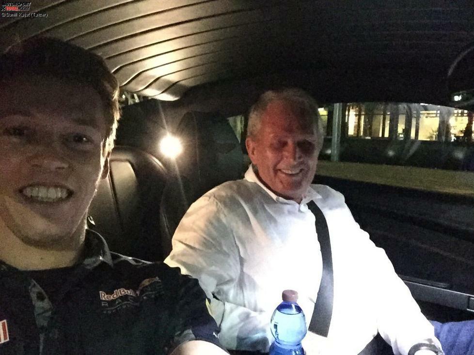 Einen neuen Dienstwagen gibt's 2016 für Daniil Kwjat, und zwar aus dem Hause Aston Martin. Von der Bekanntgabe der Kooperation fährt der Russe seinen Chef Helmut Marko dann gleich höchstpersönlich ins Hotel zurück.