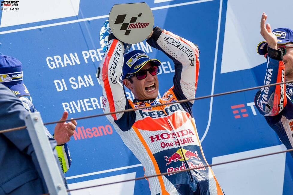 Misano: Dani Pedrosa (Honda) - Der Spanier ist der achte Sieger in den vergangenen acht Rennen. Für ihn ist es ein schwieriges Jahr, doch seine Serie hält: Seit seinem MotoGP-Einstieg im Jahr 2006 hat er in jeder Saison mindestens ein Rennen gewonnen!