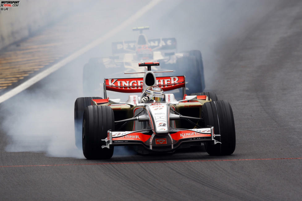 Force India, das seine Wurzeln über die Umwege Spyker und Midland in der Truppe von Jordan hat, trat 2008 mit dem VJM01 an. In Brasilien (Foto) kämpfte Adrian Sutil damals mit aller Macht um Rang 16.