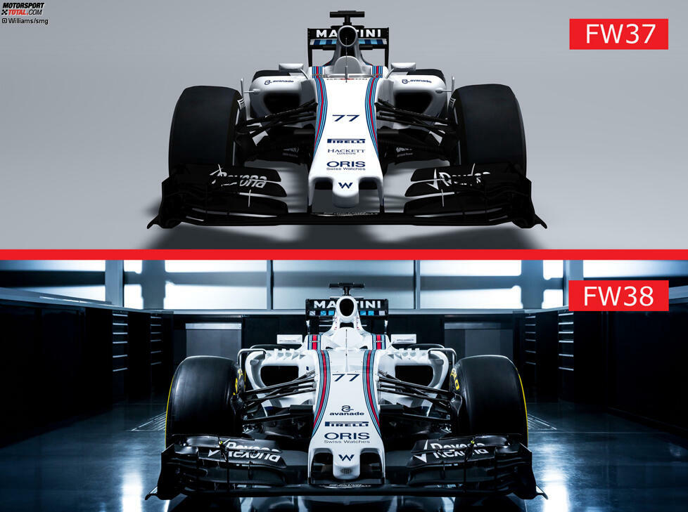 Der Williams FW37 im Vergleich mit seinem Nachfolger FW38: Die Lackierung und die kurze Nase wurden übernommen. Die Seitenkästen sind optisch die auffälligste Veränderung. Im vorderen Bereich gehören höhere und breitere Inlets zu den Veränderungen.