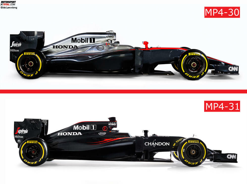 Vorne am MP4-31 befindet sich eine etwas überarbeitete Version der schon vom MP4-30 bekannten kurzen Nase. Auffällig ist, dass das Auto viel stärker geneigt ist. Die Fahrhöhe ist hinten höher und vorne niedriger. Die schmalen Seitenkästen bleiben Teil des '