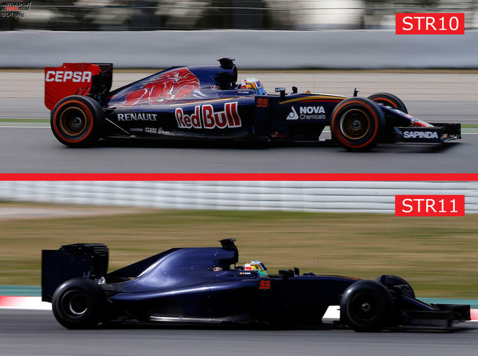 Toro Rosso scheint beim STR11 nach dem Wechsel von Renault- auf Ferrari-Triebwerke ordentlich Platz zu sparen, schließlich nimmt die Motorabdeckung wesentlich weniger Platz ein als noch beim STR10. Auch der Heckflügel scheint etwas zusammengestaucht worden zu sein.