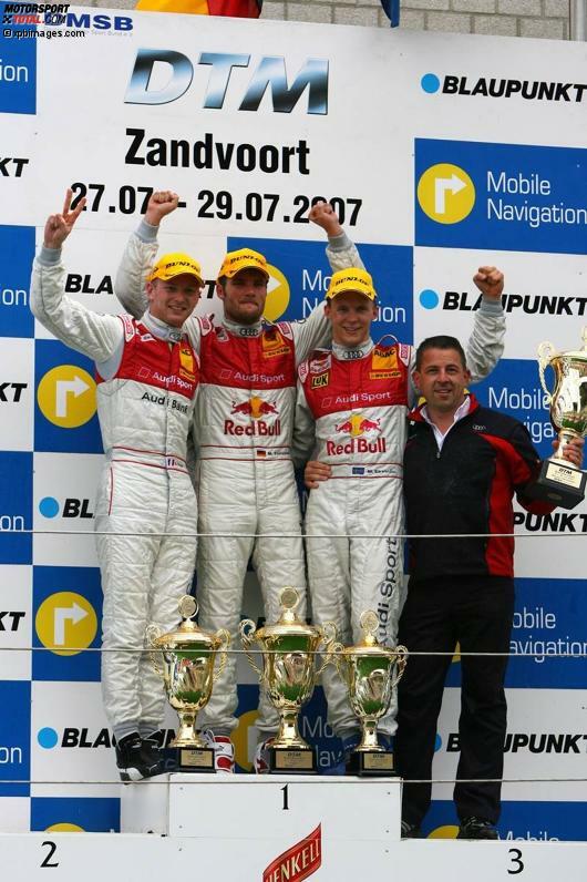 Zandvoort 2007: Den zweiten Sieg seiner DTM-Karriere feiert Martin Tomcyzk (Audi) in Zandvoort. Mit seinen Audi-Kollegen Alexandre Premat und Mattias Ekström jubelt er auf dem Podium.