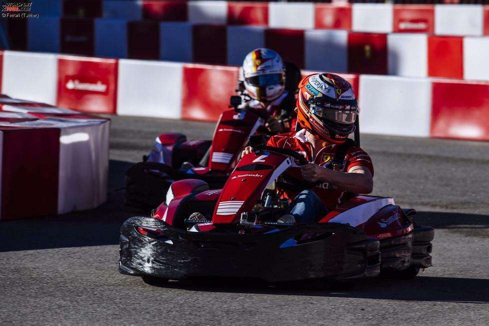 Ferrari-Sponsor Santander fährt in Barcelona jedes Jahr große Geschütze auf. Etwa ein Fußballmatch für Journalisten und Promis und ein Kartrennen mit den Ferrari-Stars Kimi Räikkönen und Sebastian Vettel. Hier liegt Räikkönen in Führung, im Formel-1-Auto kommt's dann andersrum.