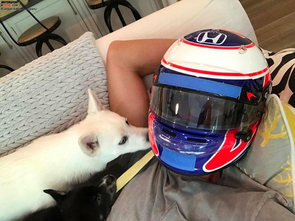 Jenson Button ist wohl froh, dass er die McLaren-Honda-Gurke nicht mehr an der Backe hat. Die lange Flugreise nach Melbourne spart er sich - um stattdessen vor Ort in Fontana NASCAR zu schauen. Sein nächster Rennfahrer-Job? Den Helm hat er jedenfalls sicherheitshalber immer im Gepäck.