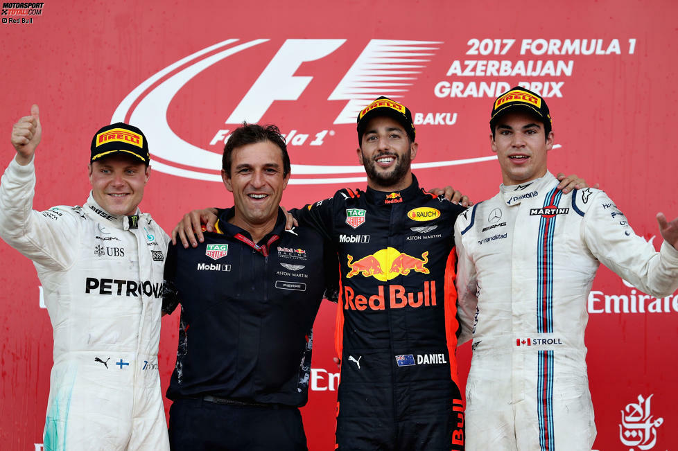 Verrückter geht's nicht: Daniel Ricciardo (P17 nach Bremsen-Reparaturstopp) gewinnt das Rennen in Baku vor Valtteri Bottas (nach Kollision mit Kimi Räikkönen schon überrundet) und Lance Stroll (laut Jacques Villeneuve schlechtester Rookie aller Zeiten)! Der Grand Prix von Aserbaidschan 2017 ist der Formel-1-Kracher des Jahres.