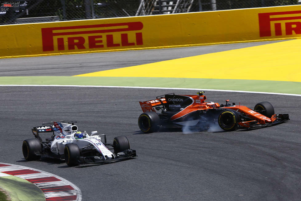 Massa, der McLaren-Magnet: Nach Alonso gerät er auch noch mit Stoffel Vandoorne aneinander, was den Belgier das Rennen kostet. Später gibt Vandoorne den Fehler zu: Massa sei am Beginn der Geraden noch so weit weg gewesen, dass er in Kurve 1 nicht mit ihm gerechnet habe. Ein 