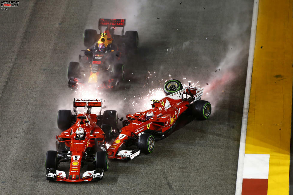 Das Rennen auf der Mercedes-Angststrecke Singapur wird zum Schlüssel zum Titel für Hamilton: Vettel fährt wie erwartet auf Pole, Hamilton kommt nicht über Platz fünf hinaus. Doch dann überschlagen sich die Ereignisse, und Vettel kollidiert beim Start ausgerechnet mit dem perfekt weggekommenen Teamkollegen Räikkönen.