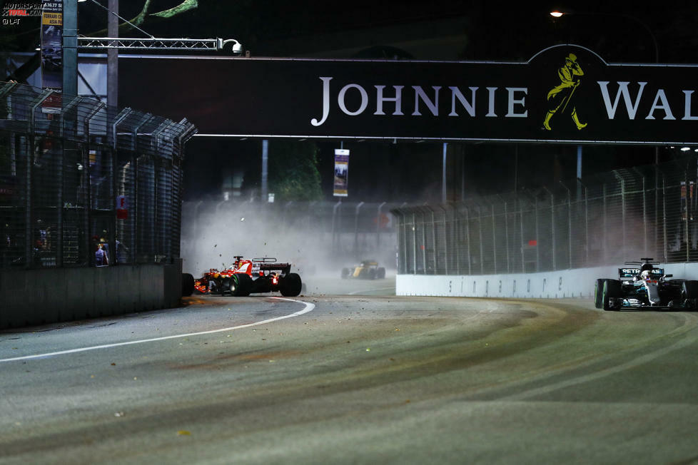 Vettel rutscht auf den austretenden Flüssigkeiten seines beschädigten Ferrari aus und bleibt punktelos, Hamilton staubt den Sieg ab. Auch in Malaysia scheint der Ferrari das schnellere Auto zu sein, doch ein Motorschaden im Qualifying sorgt dafür, dass Hamilton seinen Vorsprung auch hier noch einmal ausbauen kann.